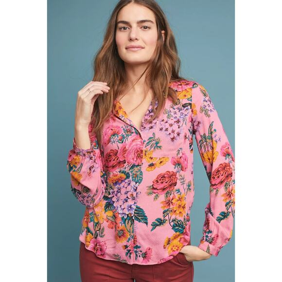 Anthropologie Maeve Top Manifold Button Down Shirt Floral Boho Pink Size 8 - Picture 3 of 15